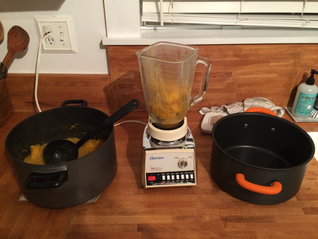Ladle from one pot into the blender to avoid filling blender too much, blend and transfer to the other pot. Repeat. 