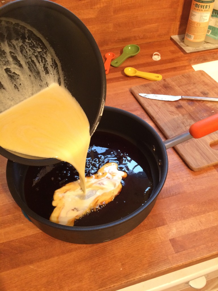 Remove sugar from heat, immediately add butter & cream