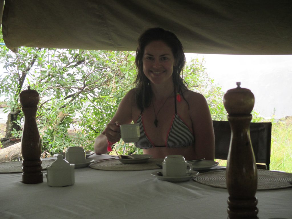 Tea in a tent on an island in a river on the edge of a waterfall. Yes please. 